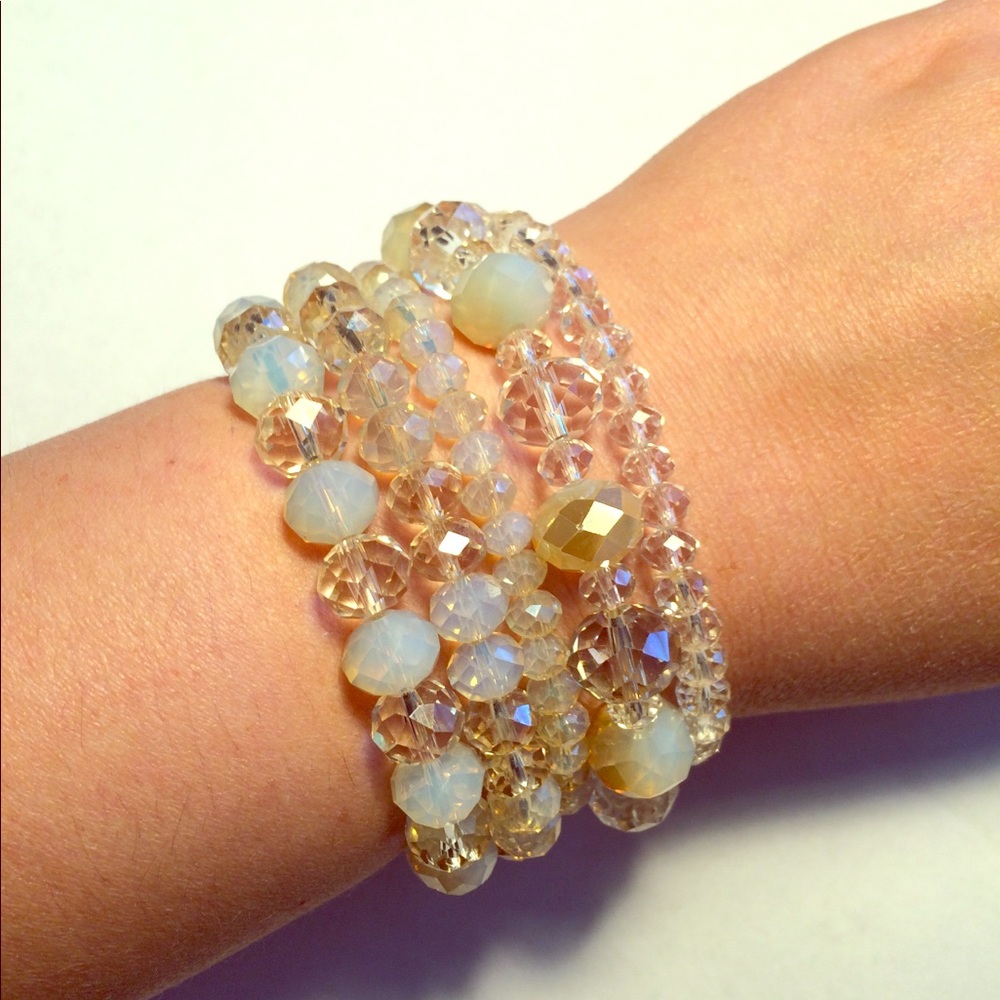 Set of 5 Cream, Clear and Gold Tone Bracelets